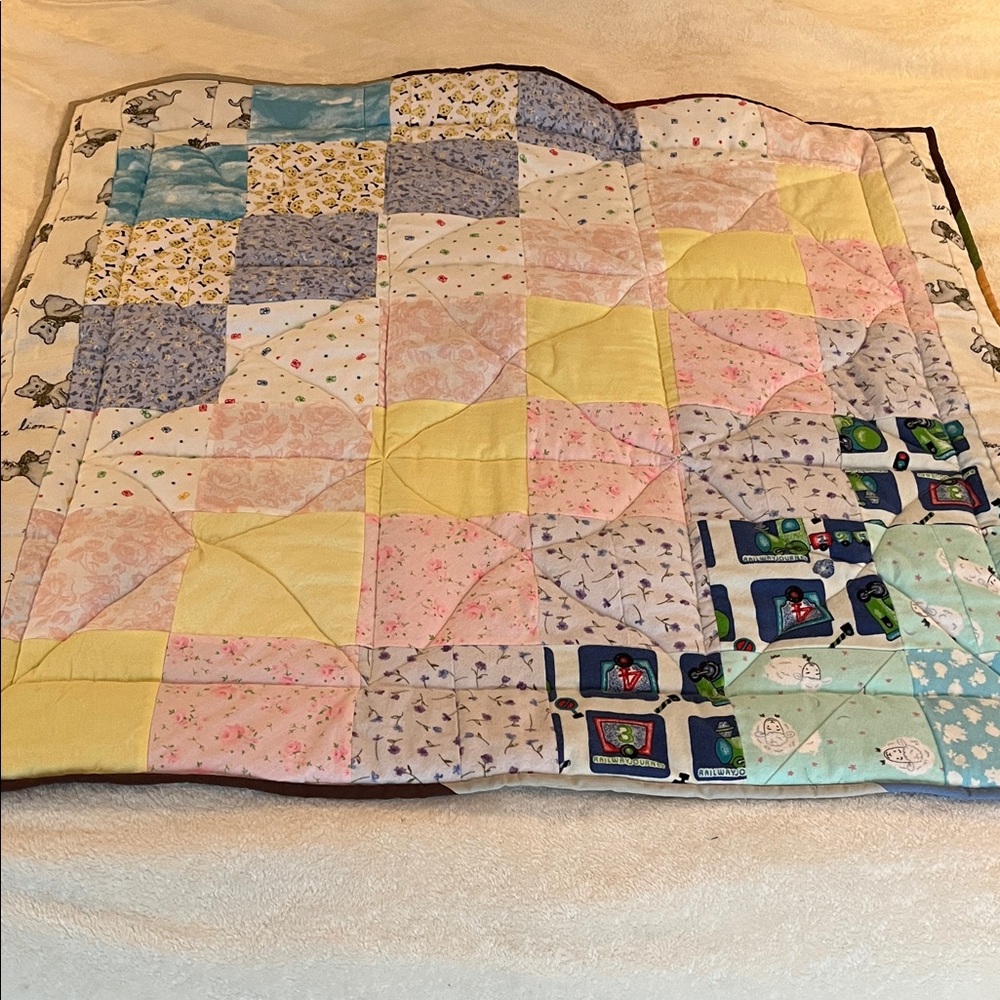 Patchwork lap Quilt or wall hanging with Horses Kittens pinks and browns 37”x39”